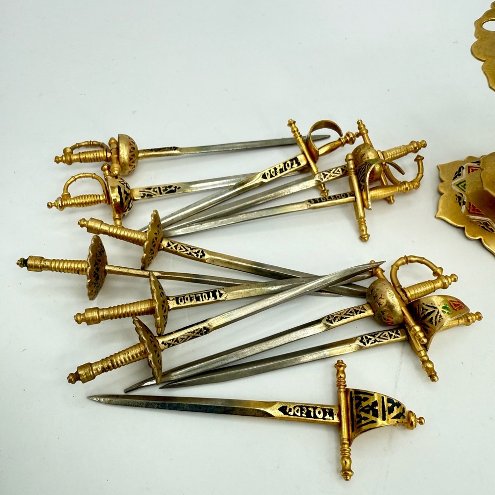 Vintage Toledo Spain Miniature Sword Cocktail Picks Stand 13pc Appetizer Skewers - Picture 9 of 15
